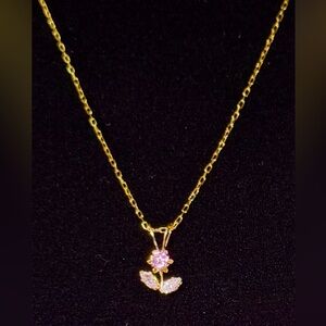 NEW 10K Yellow Gold Flower CZ Pendant with 925 SS Gold Plated 16” Chain